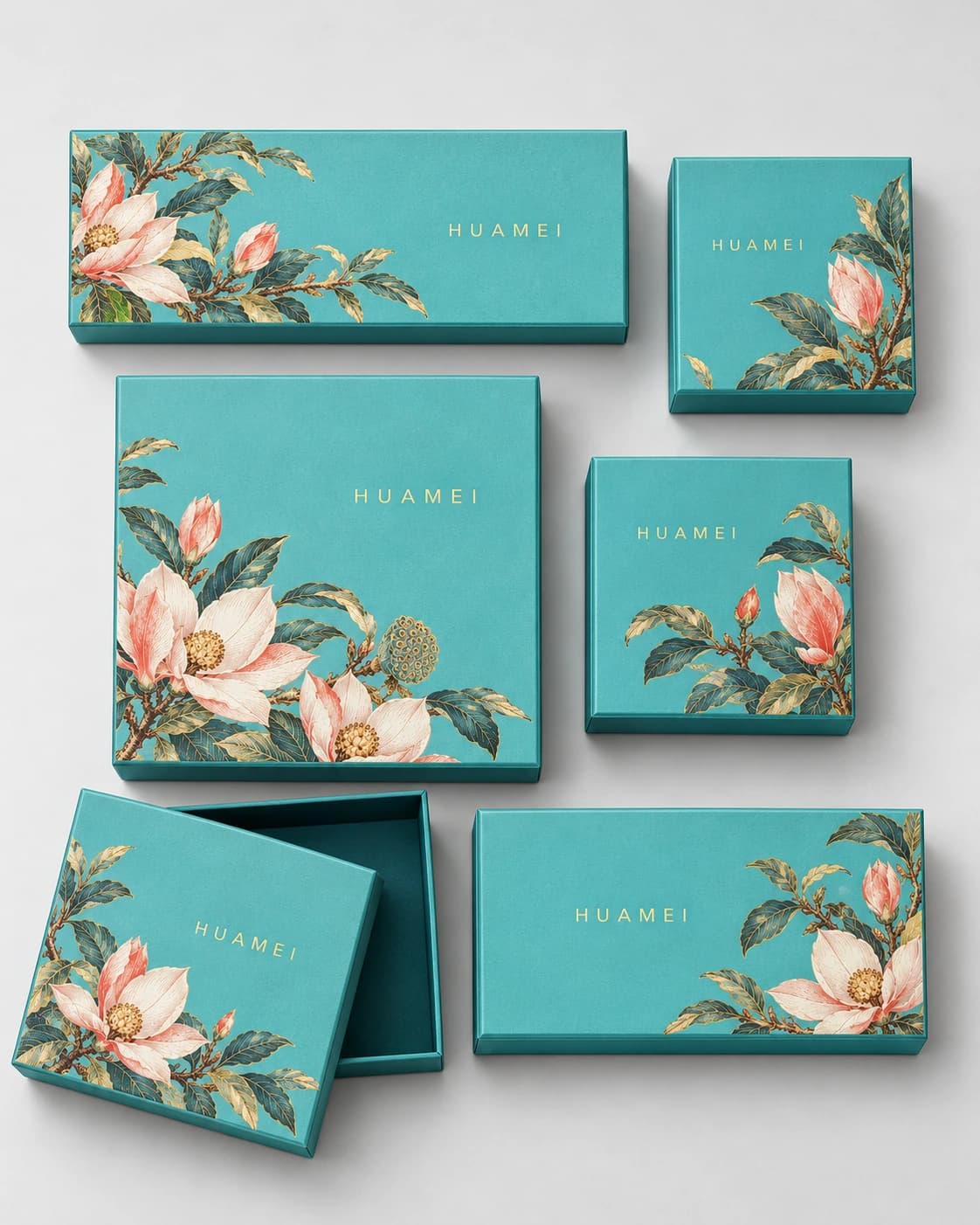 Packaging design illustration of six turquoise floral rigid boxes in assorted sizes, including an open lift-off lid box